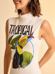 CAJUNI Semi-Sheer Stand Collar Maxi Dress In White With Colorful Tropical Design And Soft Fabric- Toucan Dress - White - View 4