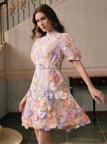 Anewsta 春夏新款女式都市优雅网眼提花刺绣 3D 花朵中长连衣裙，适合情人节、约会之夜、度假装