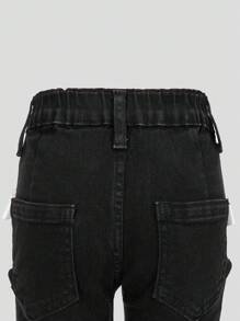 SHEIN Young Girls' Fashionable Black Washed Denim Jeans, Ruched Flare Leg Skinny Fit, Stretchy & Comfortable Fabric, Decorated With White Bow & Pearl, Stylish For Cool Girls Fall Winter - Black - View 8