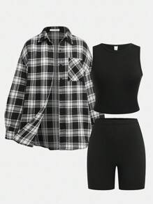 SHEIN Girlism 3 件套青少年女孩格子长袖衬衫、黑色短款背心和骑行短裤休闲校园风服装 - 黑與白 - 查看 15