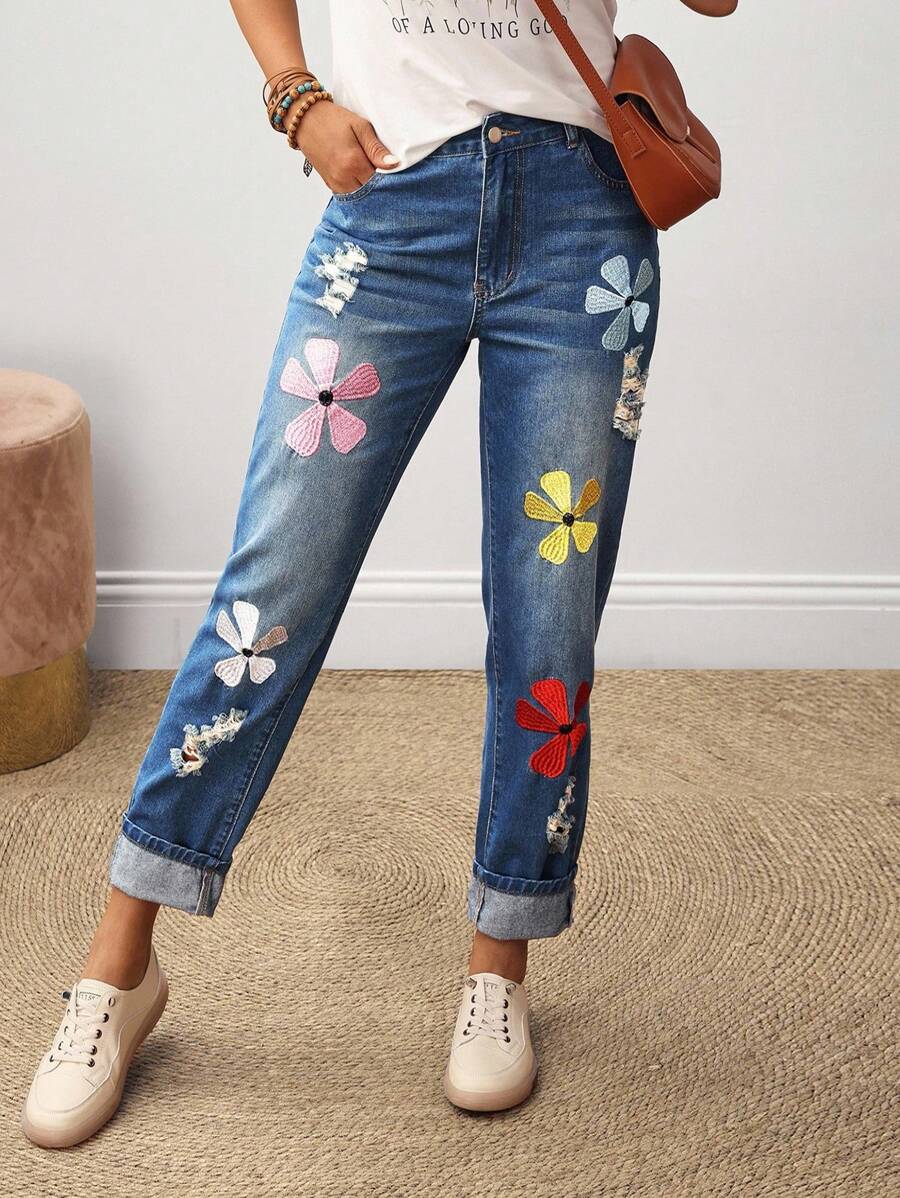 SHEIN Tall Damen Lässig Jeans mit besticktem Blumenmuster und Taschen