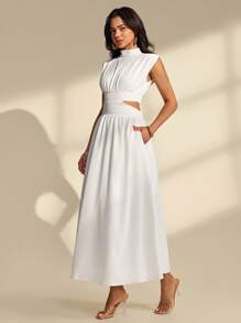 Almamuse All White Split Textured Stand Collar Casual Dress With Cap Sleeves, Spring/Summer Maxi Dress With Pockets - White - View 4