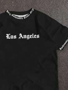 SHEIN Los Angeles Casual Minimalist Koszulka z krótkim rękawem i okrągłym dekoltem dla nastoletnich chłopców, odpowiednia na lato
