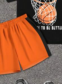 SHEIN Bolty Tween Boy Basketball & Slogan Graphic Tee & Shorts
