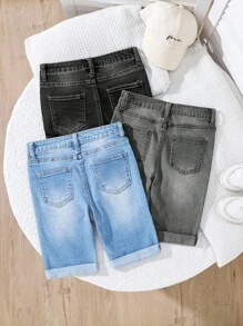 SHEIN 青少年男童三件套休闲街头风卷边做旧牛仔短裤，夏季，学校，校园，大学 - 彩色 - 查看 2