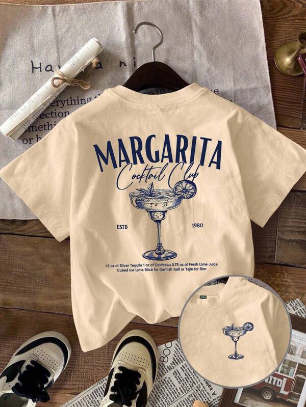 Attitoon Casual Fitted Round Neck Short Sleeve Women's T-Shirt, Suitable For Summer, Cocktail Print