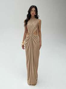 Aloruh Váy suông bodycon xẻ tà không tay - Màu Khaki - Xem 3