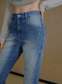 MOTF PREMIUM FAUX PEARL AND RHINESTONE TRIM FLARE LEG JEANS - Blue - View 2