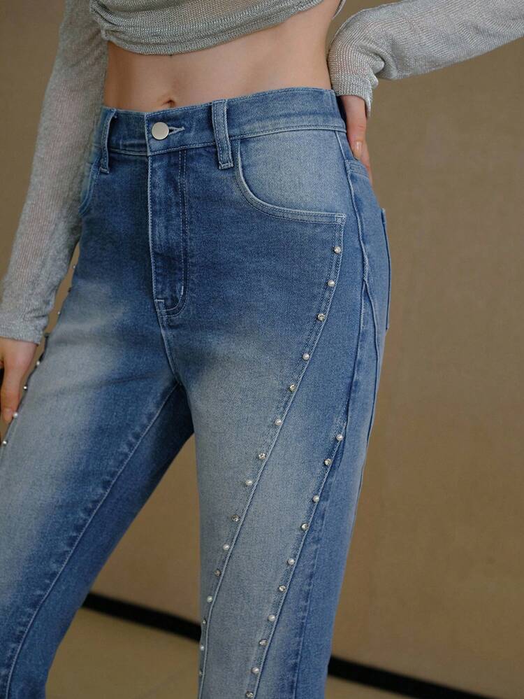 FAUX PEARL AND RHINESTONE TRIM FLARE LEG JEANS
