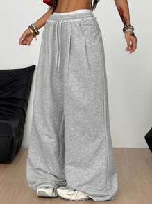 Coolane 女士夏季街头服饰外出休闲运动基本款法式灰色松紧腰带直筒宽松裤 - 灰色 - 查看 2