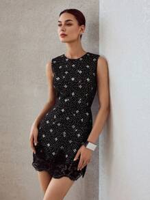 MOTF PREMIUM VESTIDO CORTO ajustado CON DOBLADILLO DE ENCAJE GUIPURE LENTEJUELADO - Negro - Ver 6