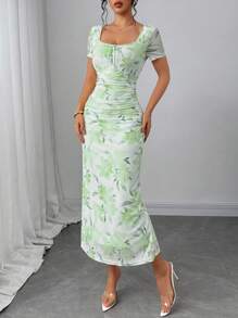 Elenzga 女式优雅黄色花卉印花方领系带修身中长连衣裙，带蝴蝶结细节，春夏 - 綠色 - 查看 6