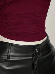 SHEIN ICON 加大码 V 领蕾丝拼布褶皱腰合身针织 T 恤，性感夏季上衣，婚礼宾客服装