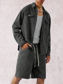 Manfinity EMRG 2pcs Men's Casual Denim Long Sleeve Shirt And Shorts Set, Fashion & Versatile Men Denim Set Men Shorts Set Boyfriend & Husband Washed Black Loose Wide Leg For Vacation