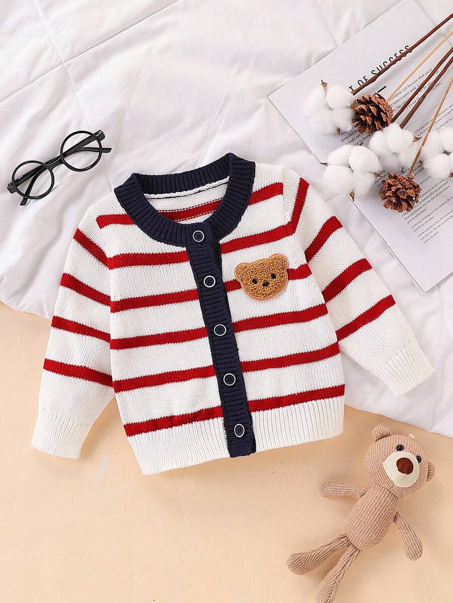 SHEIN Vintaside Kids 幼兒時尚可愛百搭條紋針織開襟衫,卡通印花外套,男嬰與兒童開襟衫,可愛卡通休閒款 - 紅色 - 查看 1
