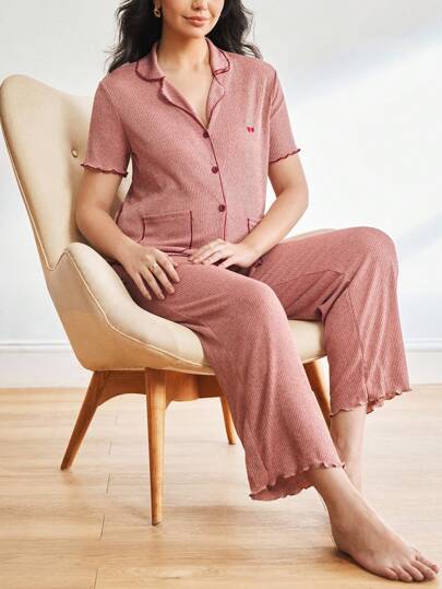 Moonlight&Mama Bộ 2 áo cardigan cài nút màu tương phản tay ngắn & quần dài, túi thêu họa tiết quả anh đào, đồ ngủ bà bầu