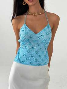 Siren Gaze Women's Elegant Blue Sequin Embellished Embroidery Halter Backless Crop Top,Streetwear Old Money Style Tank Top,Summer,Blues,Seksi Chic,Party Night - Mint Blue - View 7