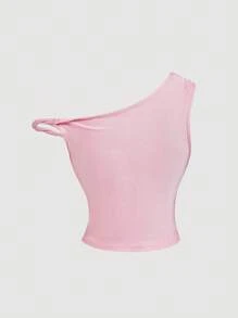 SHEIN MOD Casual Asymmetric Shoulder Light Pink Women Top One Shoulder Top Pink Top Crop Top - Baby Pink - View 2