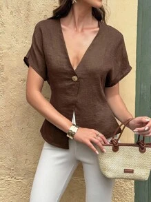 Weeklong 女式纯色单排扣V领优雅短袖衬衫，夏季 - 棕色 - 查看 3