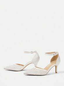 CUCCOO HITCHD 女士尖头低跟白色珍珠亮片镂空带高跟鞋 - 白色 - 查看 9
