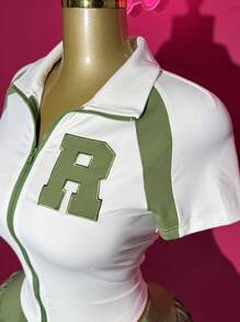 Slaydiva Bộ trang phục 2 món: Áo thun khóa kéo màu hip-hop dễ thương phong cách đường phố thường ngày Y2K mùa xuân/hè 2025 + Chân váy bồng bềnh, thích hợp cho lễ Phục sinh, lễ hội âm nhạc, hàng ngày, tiệc tùng, giáng sinh, ngày lễ tình nhân, hẹn hò, bãi biển, du ngoạn, lễ hội hóa trang - màu xanh lá - Xem 7