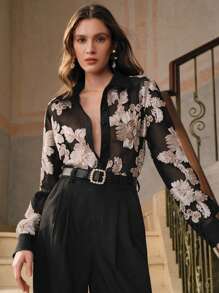 Anewsta 浪漫优雅花卉刺绣半透明休闲衬衫 - 黑色 - 查看 7