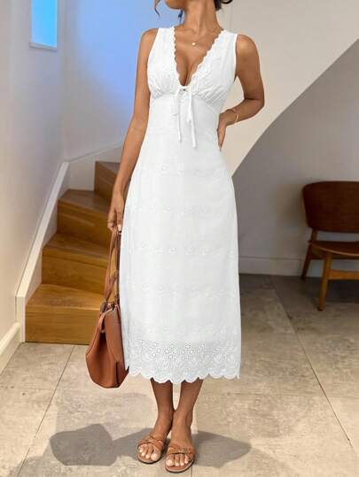 Easowa Women's White Embroidery Lace-Up Front Mid-Length Sleeveless Dress, Suitable For Graduation Ceremony, Wedding Season, Romantic Vacation, Daily Wear Women Summer Clothes  Beach Outfits For Woman White Beach Dress White Eyelet Dress White Summer Dress Lace Trim Dress Sleeveless White Dress White Vacation Dress Westem Women Clothes Lace Dress Boho Women Clothing,Boho Clothes Women All White Party Outfit Women White Lace Dress Summer White Dress Casual White Dress
