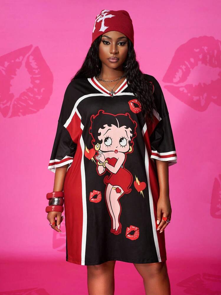 Slaydiva Betty Boop x SHEIN Plus Size Women Spring/Summer New Basic Casual  & Cute Black & Red Contrast V-Neck Loose Drop Shoulder Oversize Short Dress,  Cartoon Character Print,Holiday Outfits For Women |
