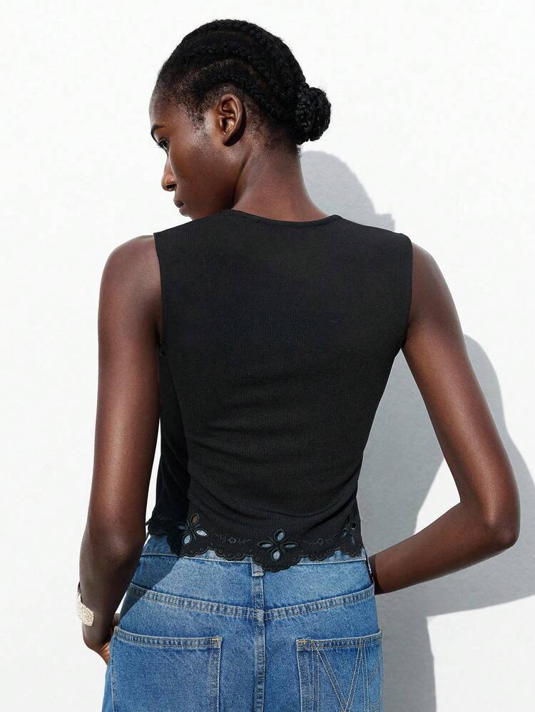 SHEIN Maija 2025 Summer New Music Festival Party Graduation Beach Vacation Brunch Vintage Boho Chic Retro Square Neck Embroidered Hem Black Tank Top For Women