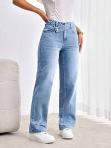 SHEIN Tall 休閒做舊重疊腰頭寬鬆直筒牛仔褲，適合高個女性 - 中等水洗藍 - 查看 7
