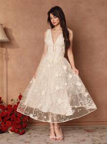 SHEIN Unity Vestido elegante sin mangas con escote en V profundo, bordado floral de malla, lazo en la cintura para mujer en beige, vestido de invitada de boda, vestido de hada, hombros descubiertos - Champán - Ver 5