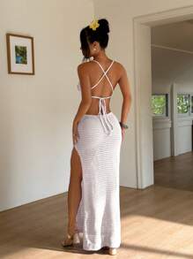 Sunnyshic 度假风休闲3D花卉镂空露背针织连衣裙 - 白色 - 查看 2