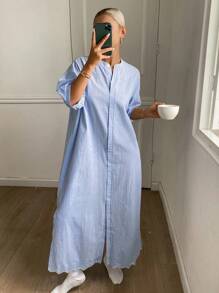 DAZY Minimalist Long Women's Nightgown, Moo Moo Lounge Dress Pajama - Blue and White - View 5