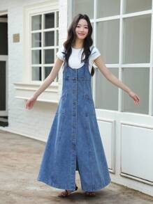 K-Vae Váy denim đơn giản có dây đeo chéo cho nữ, trang phục mùa thu phong cách Hàn Quốc cho nữ, trở lại trường, trang phục giáo viên cho nữ - Rửa trung bình - Xem 1