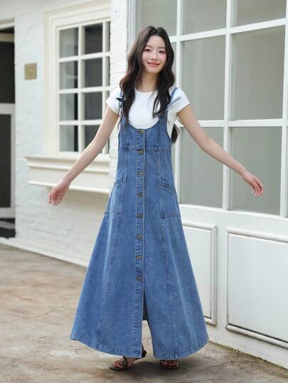 K-Vae Women's Full Single Breasted Pocket Casual Suspender Denim Dress,Korean Style Fall Women Clothes,Back To School,Teacher Outfits For Women