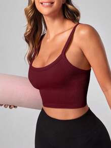 Easithlete 女式纯色罗纹工字背心，适合日常健身 - 酒紅色 - 查看 5