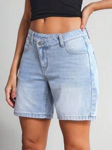 SHEIN Tall 女士休闲水洗不对称腰线牛仔短裤，夏季 - 淺色水洗藍 - 查看 6