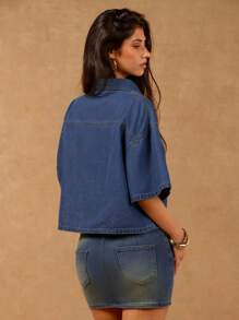 SHEIN Forever 21 Women's Solid Color Short Sleeve Denim Blouse, Fashionable For Summer - Blue - View 2