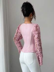 Elenzga 女士法式浪漫西西里优雅休闲通勤度假下午茶派对纯色网眼刺绣方领修身A字长袖衬衫，春夏 - 粉色 - 查看 3