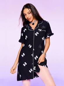 SHEIN 女式休闲前扣蝴蝶印花短袖睡袍，夏季 - 黑色 - 查看 3