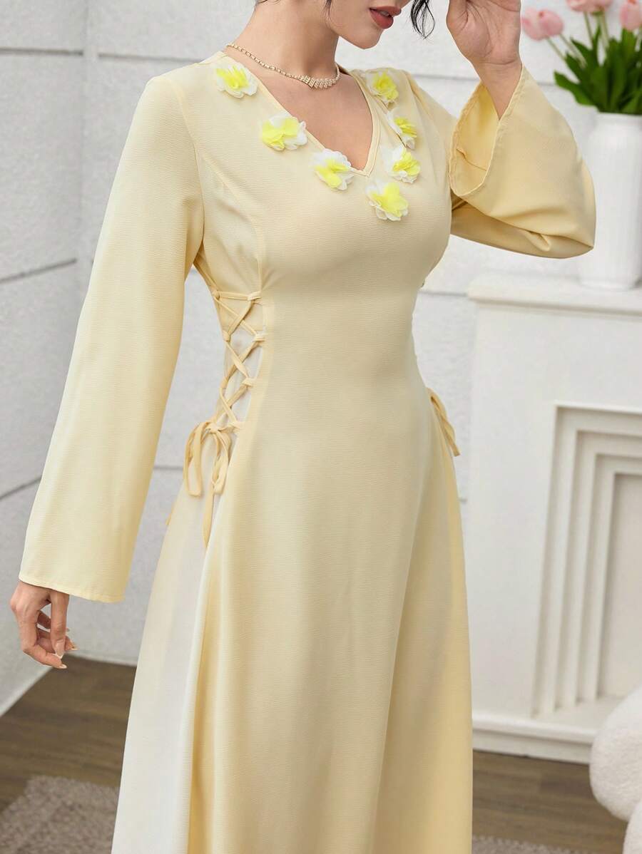 Al Najma Váy ôm sát eo lãng mạn màu vàng kem phong cách Ả Rập thanh lịch cho quý cô - Màu vàng - Xem 1