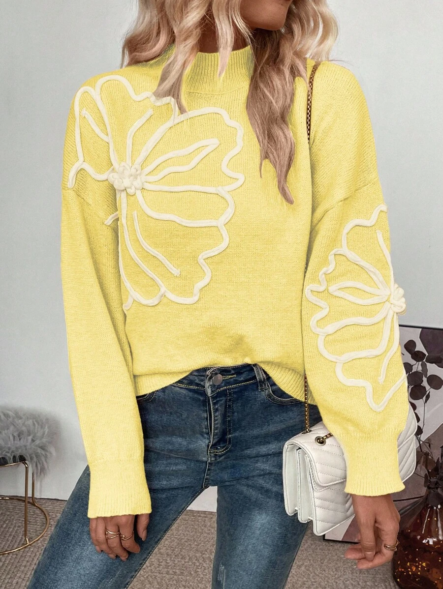 SHEIN Clasi Áo len dệt kim cổ tròn vai rộng họa tiết hoa jacquard dành cho nữ mùa thu đông - Nhiều màu - Xem 1