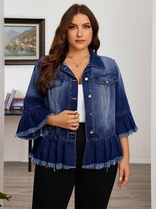 EMERY ROSE 大码女式流苏喇叭袖单排扣褶边休闲牛仔夹克 - 深色水洗藍 - 查看 3