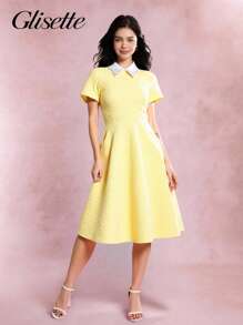 Váy dài chữ A xếp ly vải dệt hoa văn cổ đính đá, thiết kế ôm sát cạp cao thanh lịch, thời trang & sang trọng cho bé gái tuổi teen, mùa hè - Màu vàng - Xem 7