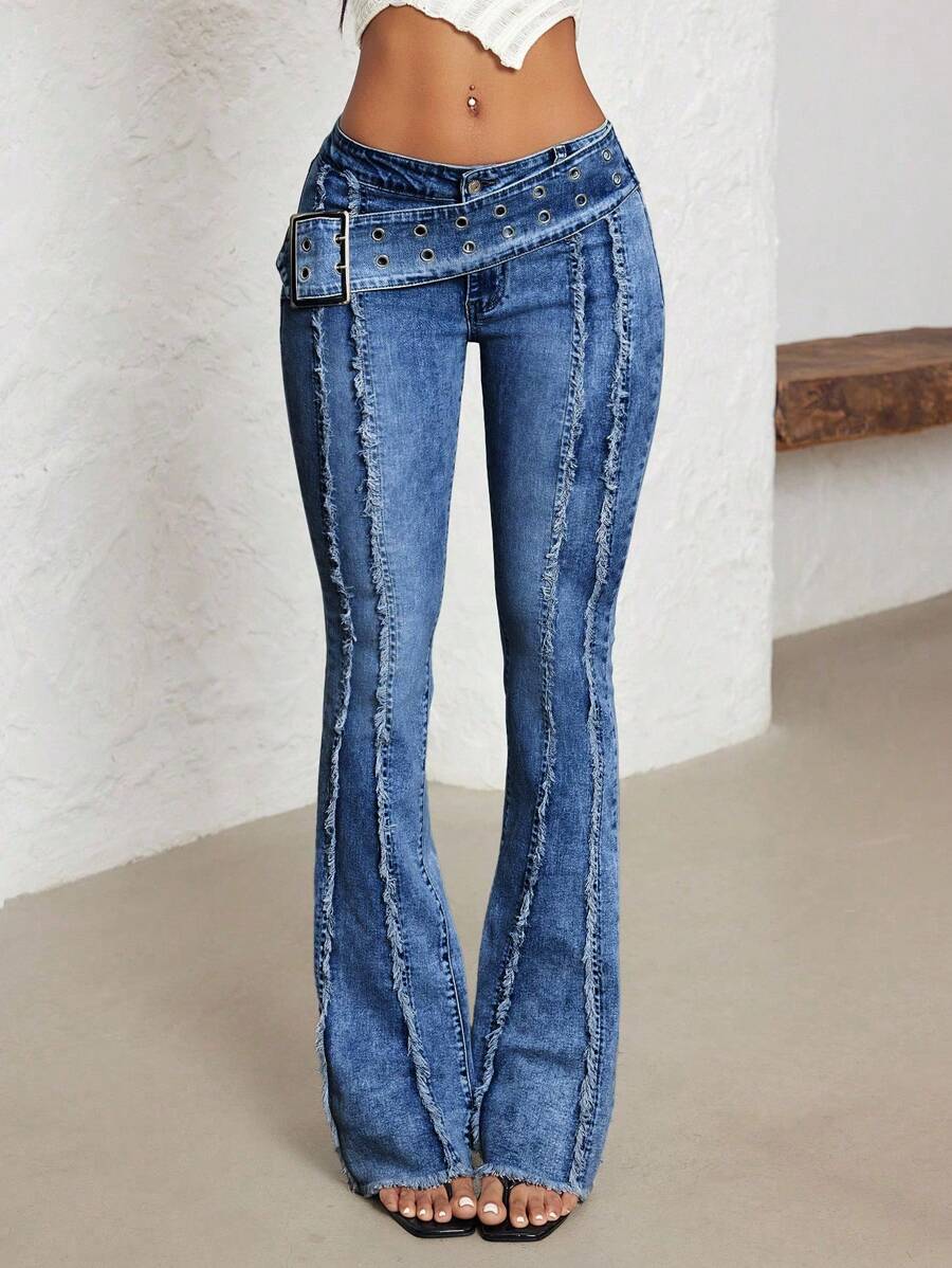 Jeanoix Large Sun Symbol Button Fly Low-Rise Flared Leg Jeans - Dark Wash - View 1