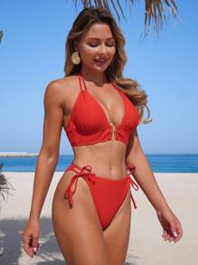 Swim Lushoire 2 pezzi/Set Costume da bagno bikini da donna di colore rosso con collo alto, design con finitura centrale