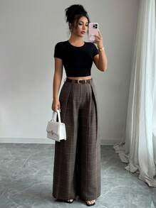 Elenzga 女式复古休闲褶皱格子裤（配腰带） - 咖啡棕 - 查看 3