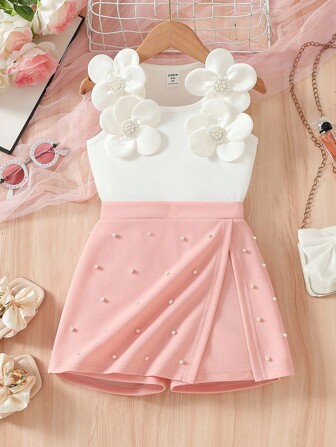 2pcs/Set Young Girls Fashion Pearl Flower Decor Round Neck White Tank Top And Form-Fitted Pink Elastic Waist Shorts Outfit, Summer Summer Holiday