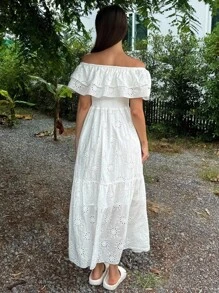 DAZY Women Open Shoulder Ruffle Hem Dress Vacation Maxi Dress - White - View 5