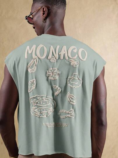 SUMWON 摩纳哥夏季背心无袖肌肉衬衫，带食物印花，宽松休闲街头服饰，节日海滩度假短款背心